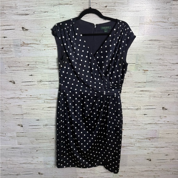 Lauren Ralph Lauren Navy Polka Dot Dress faux wrap size 10 - Picture 1 of 6